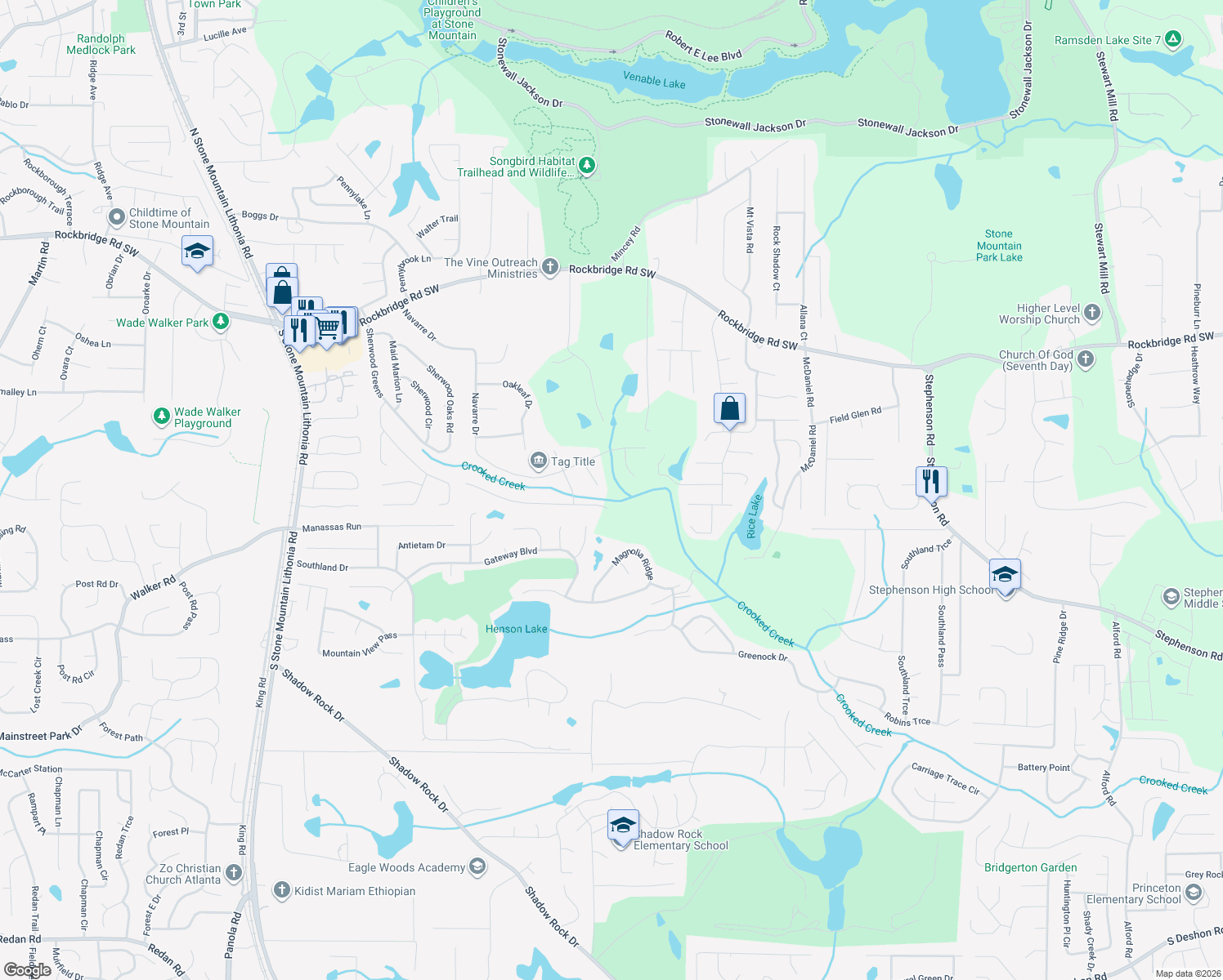 map of restaurants, bars, coffee shops, grocery stores, and more near 634 Cedrick Ln in Stone Mountain