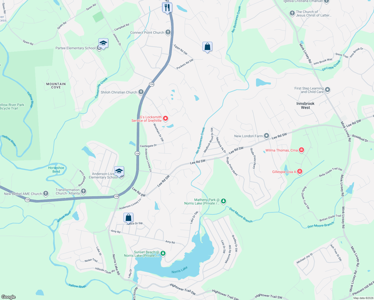 map of restaurants, bars, coffee shops, grocery stores, and more near 4430 Flat Stone Drive Southwest in Snellville