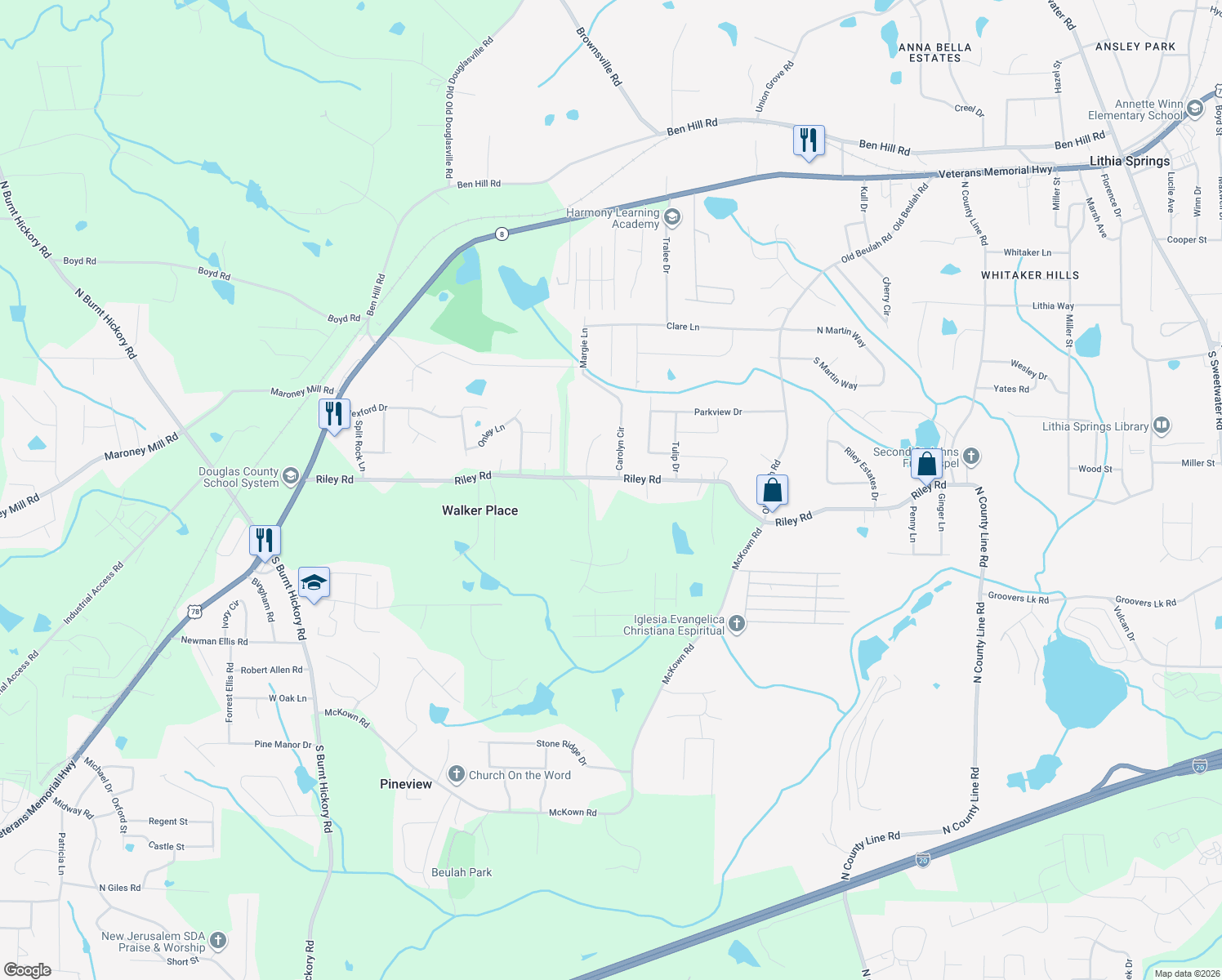 map of restaurants, bars, coffee shops, grocery stores, and more near 3417 Riley Road in Douglasville