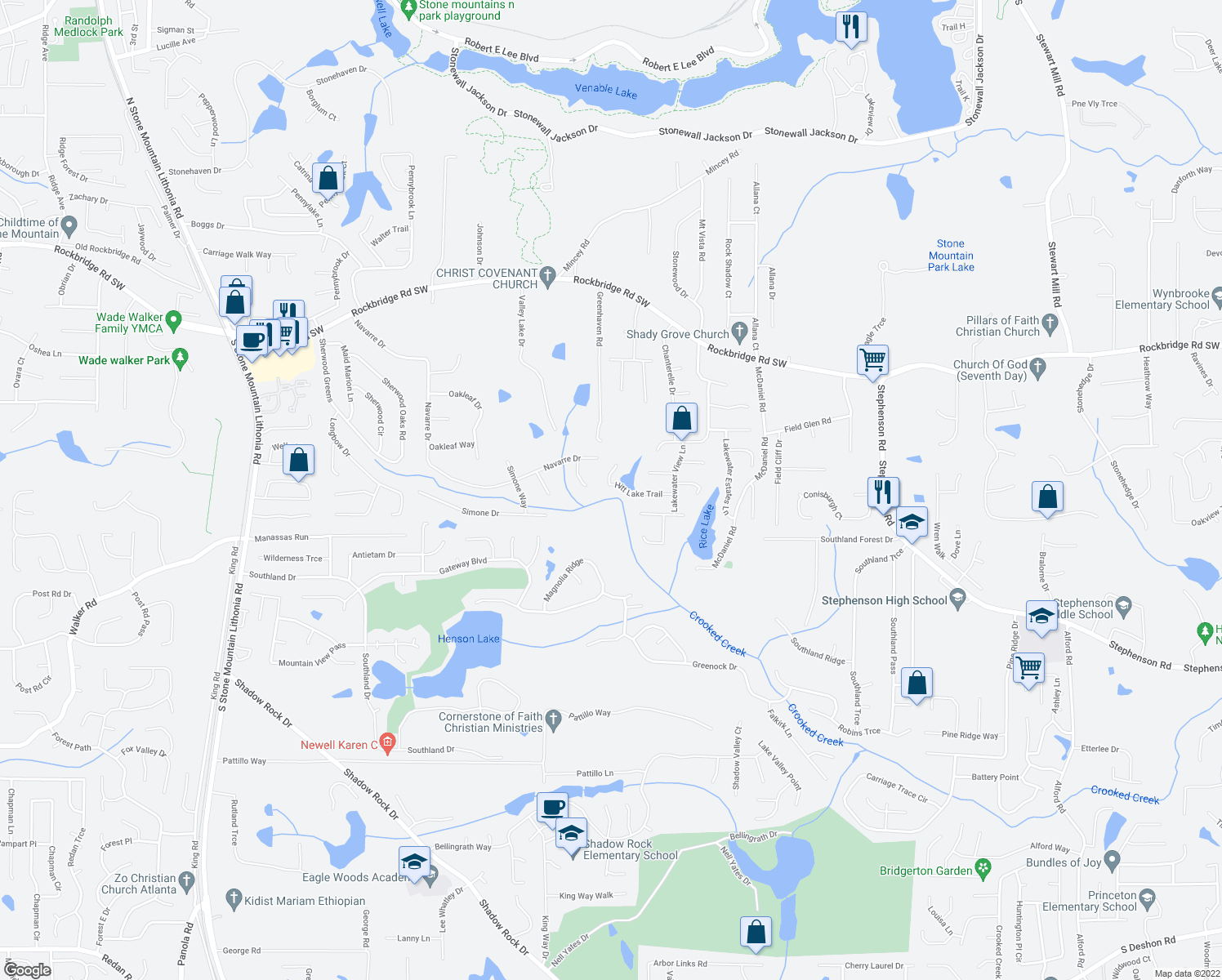 map of restaurants, bars, coffee shops, grocery stores, and more near 6003 Hitt Lake Trail in Stone Mountain