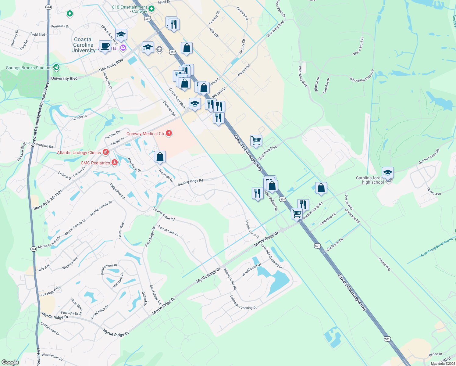 map of restaurants, bars, coffee shops, grocery stores, and more near 107 Timberline Drive in Conway