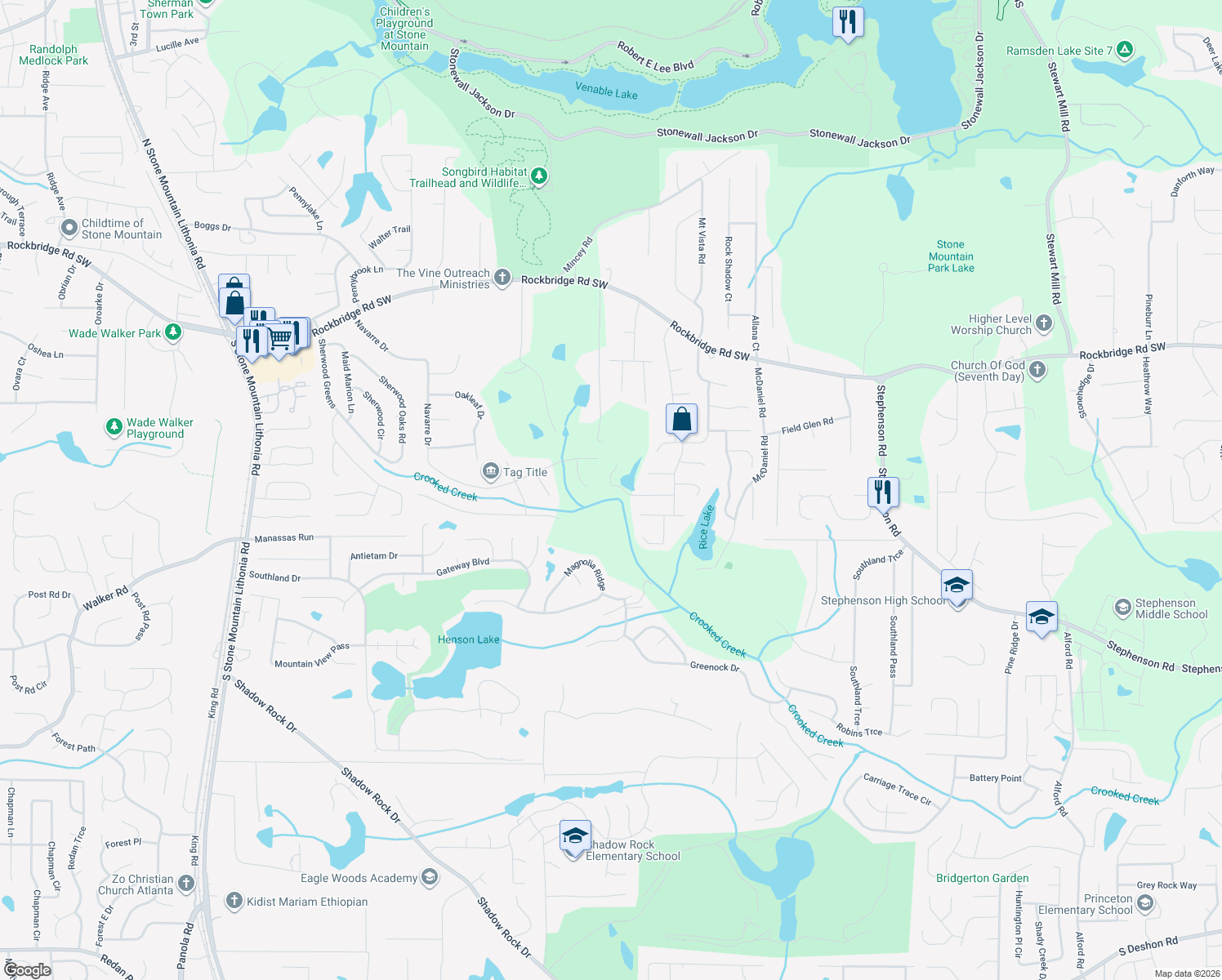 map of restaurants, bars, coffee shops, grocery stores, and more near 6003 Hitt Lake Trail in Stone Mountain
