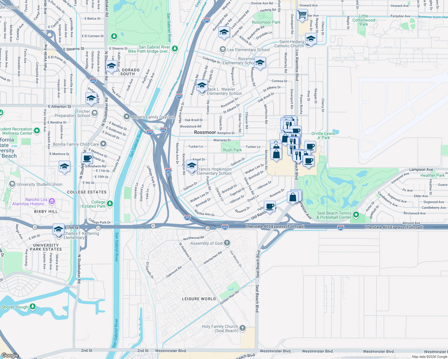 map of restaurants, bars, coffee shops, grocery stores, and more near 2932 Copa De Oro Dr in Los Alamitos