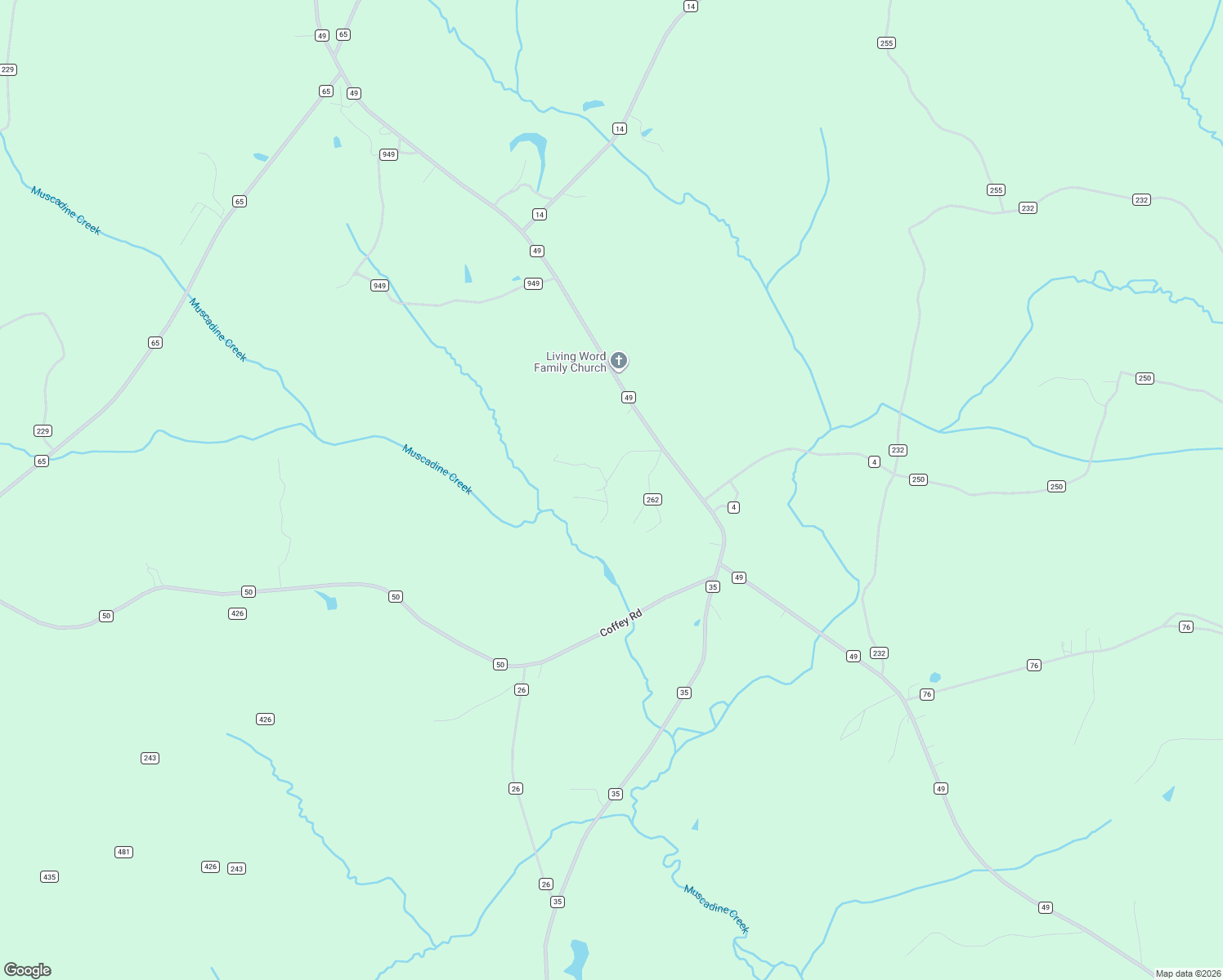 map of restaurants, bars, coffee shops, grocery stores, and more near 225 County Road 261 in Muscadine