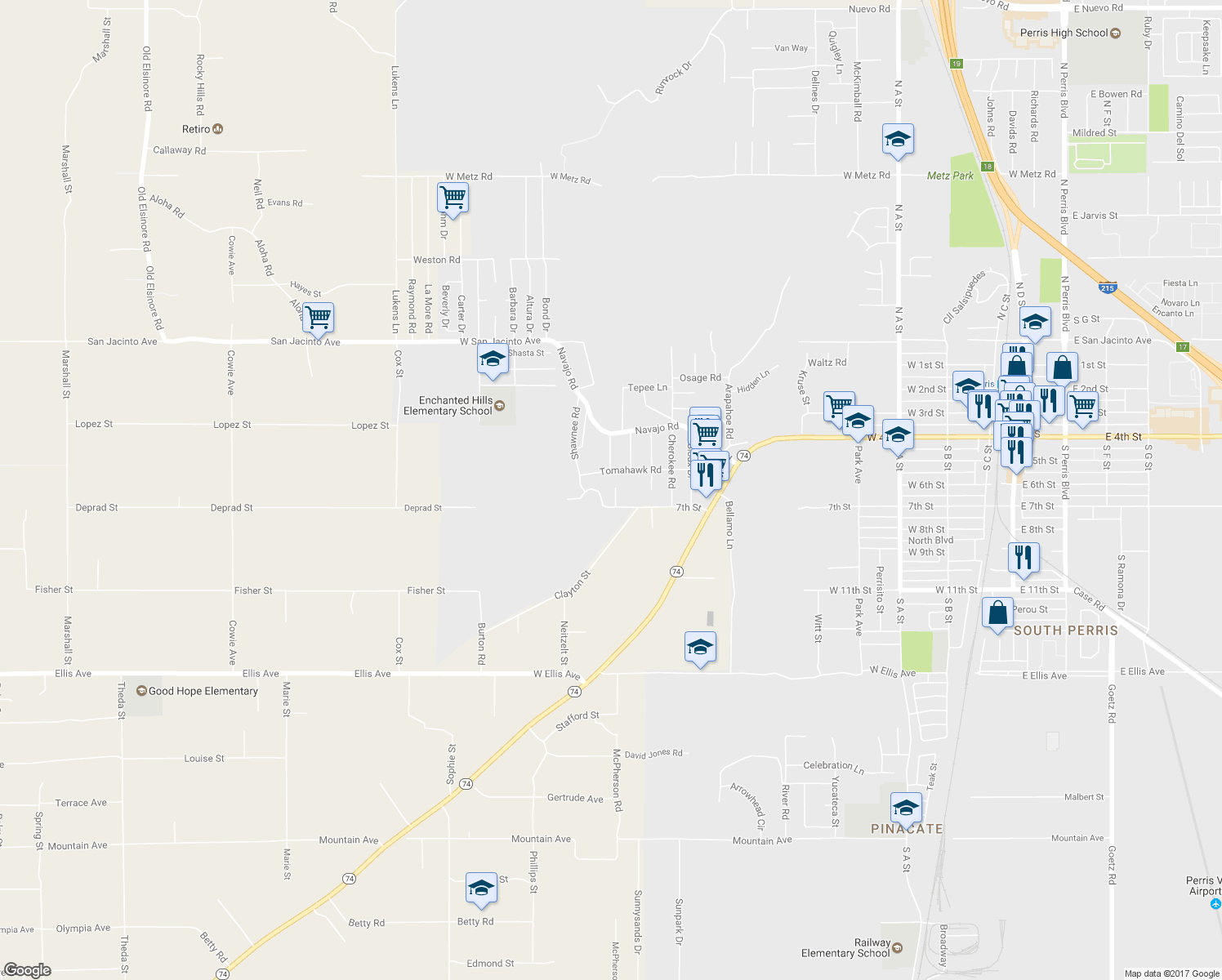 map of restaurants, bars, coffee shops, grocery stores, and more near 730 Paul Court in Perris