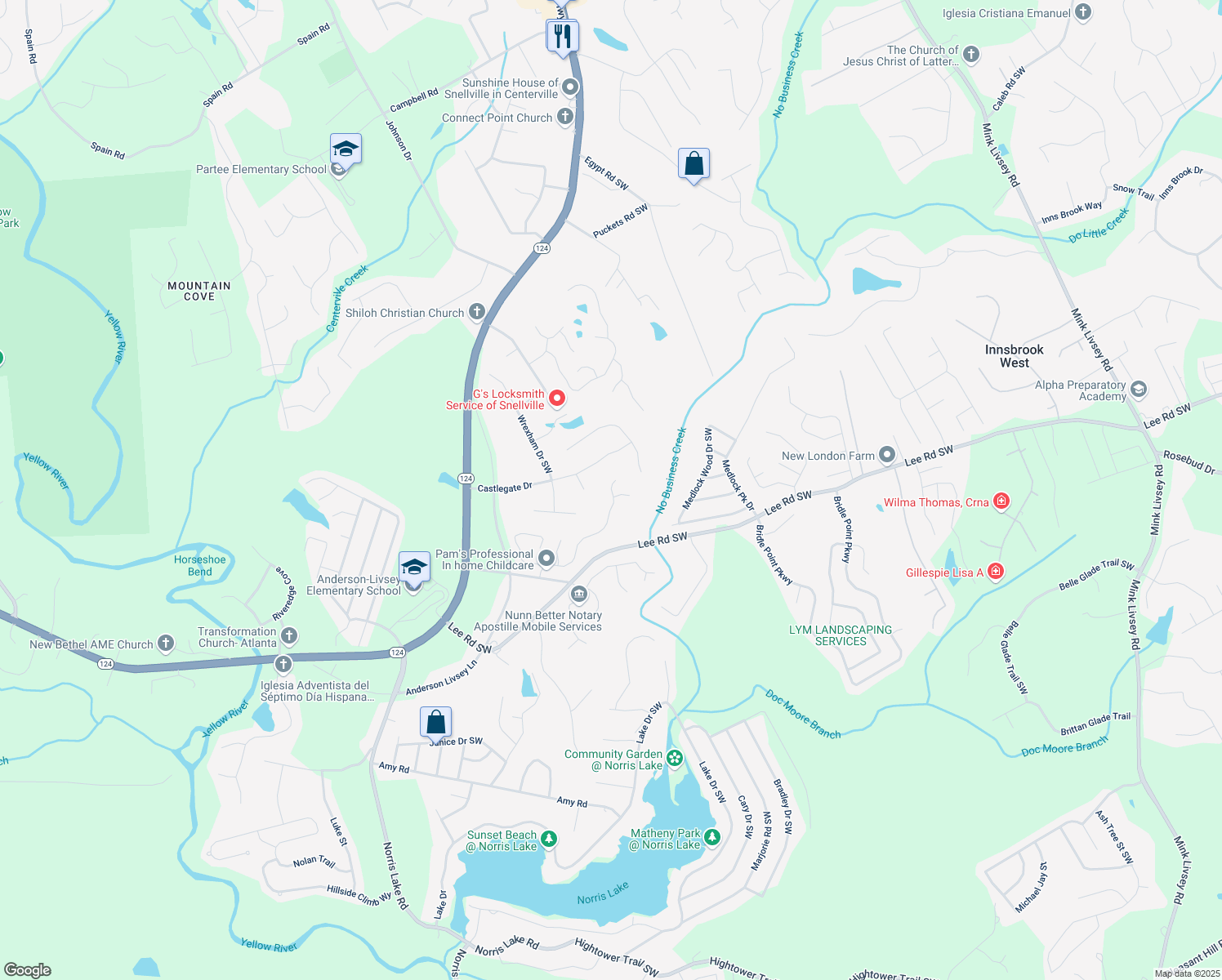 map of restaurants, bars, coffee shops, grocery stores, and more near 4106 Round Stone Drive in Snellville