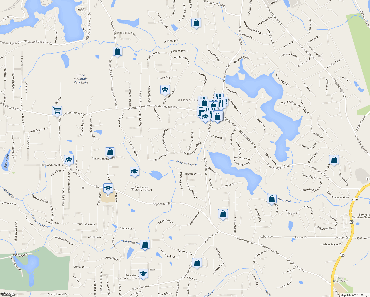 map of restaurants, bars, coffee shops, grocery stores, and more near 6895 Old Fox Trail in Stone Mountain