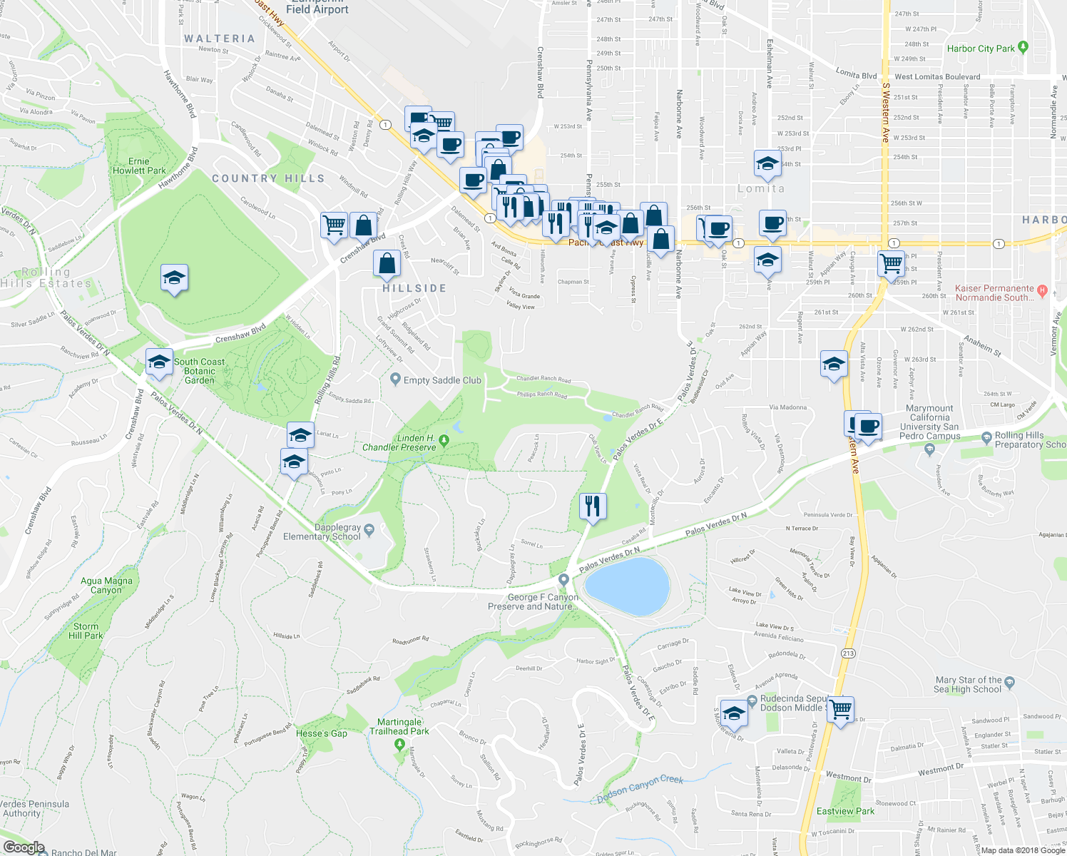 map of restaurants, bars, coffee shops, grocery stores, and more near 25 Club View Lane in Rolling Hills Estates