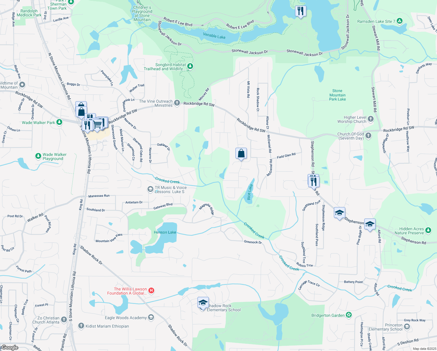 map of restaurants, bars, coffee shops, grocery stores, and more near 6003 Hitt Lake Trail in Stone Mountain