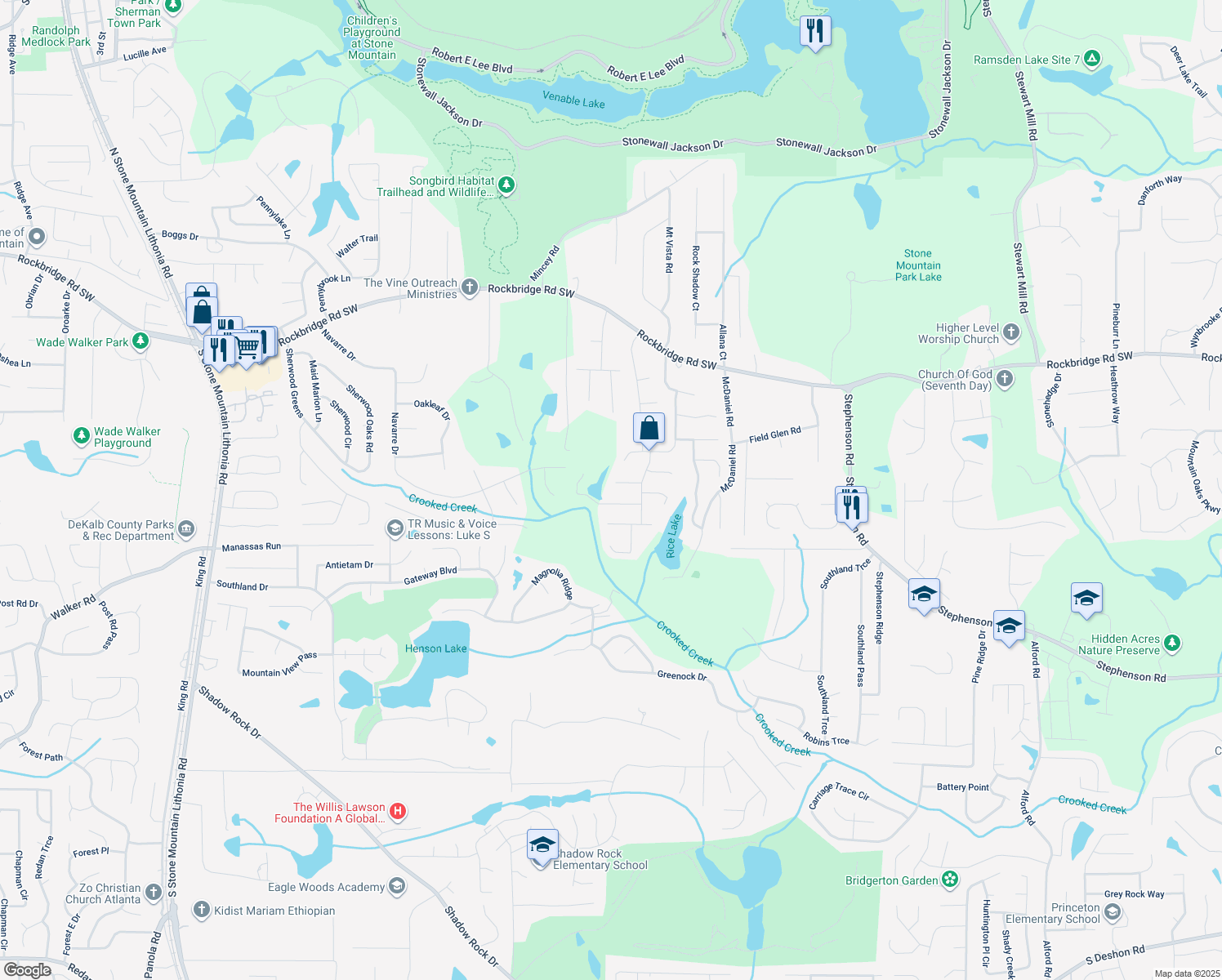 map of restaurants, bars, coffee shops, grocery stores, and more near 6031 Hitt Lake Ct in Stone Mountain