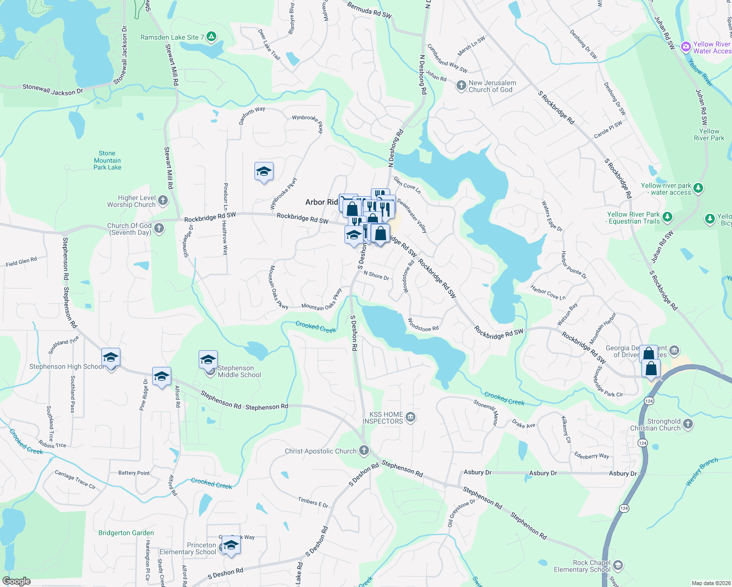 map of restaurants, bars, coffee shops, grocery stores, and more near 7127 Biltmore Way in Lithonia