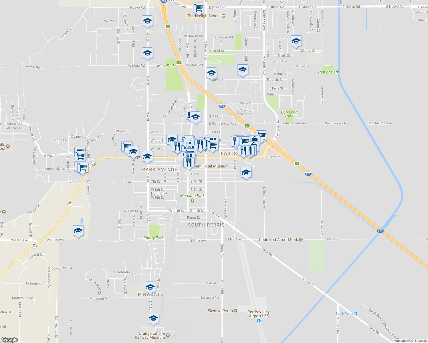 map of restaurants, bars, coffee shops, grocery stores, and more near 242 East 6th Street in Perris