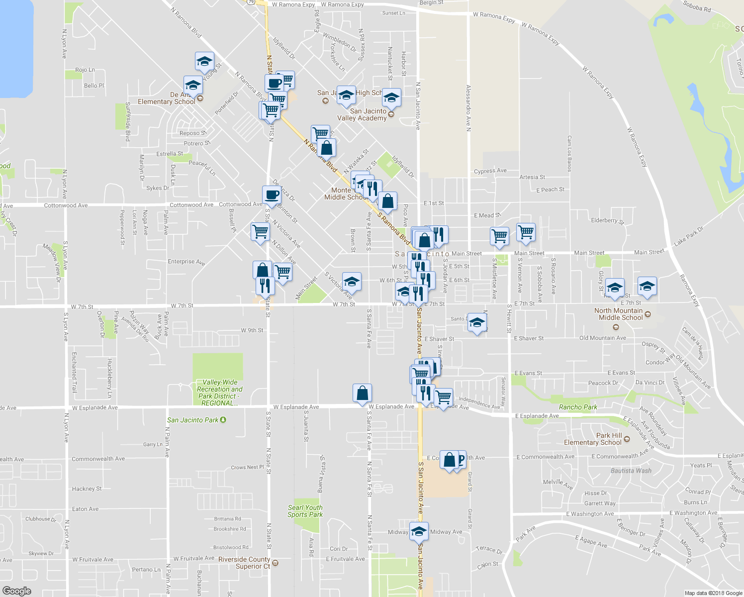 map of restaurants, bars, coffee shops, grocery stores, and more near 675 South Santa Fe Avenue in San Jacinto