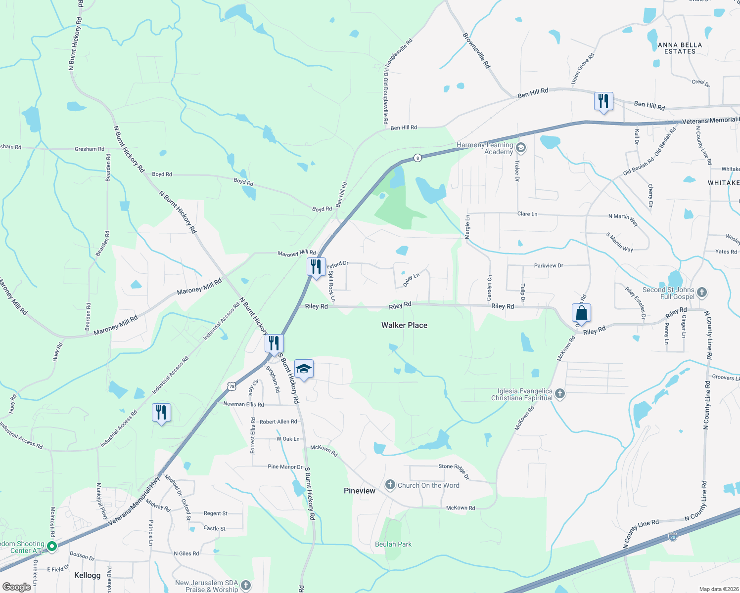 map of restaurants, bars, coffee shops, grocery stores, and more near 3778 Riley Rd in Douglasville