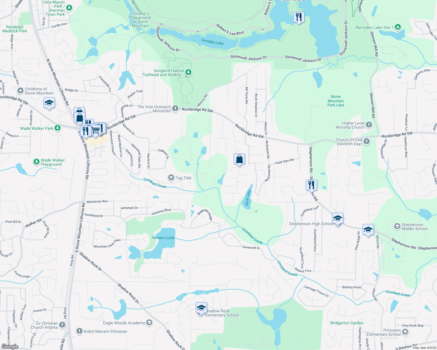 map of restaurants, bars, coffee shops, grocery stores, and more near 5986 Hitt Lake Trail in Stone Mountain