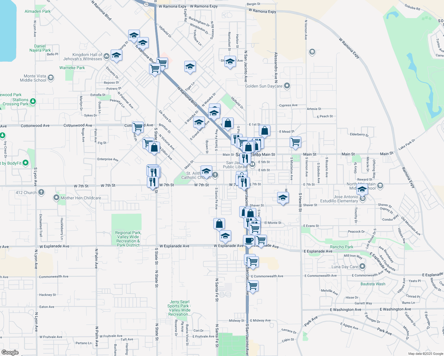 map of restaurants, bars, coffee shops, grocery stores, and more near 650 South San Marcos Place in San Jacinto