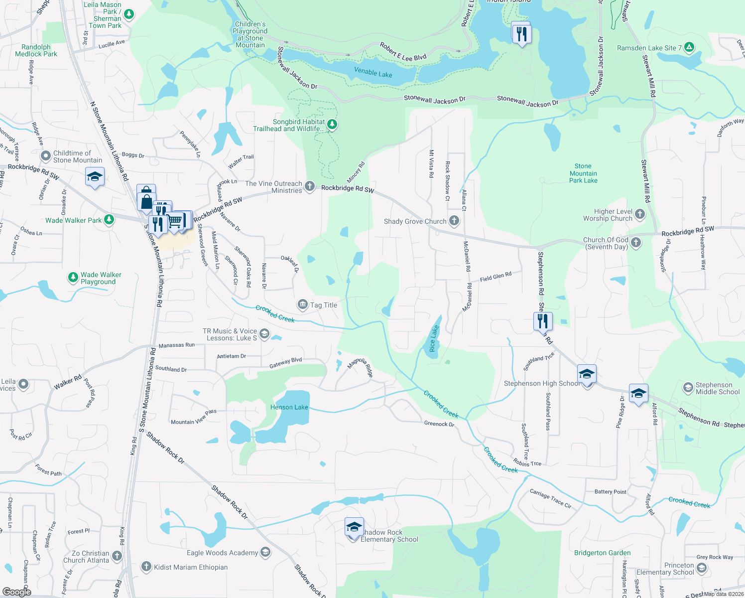 map of restaurants, bars, coffee shops, grocery stores, and more near 5986 Hitt Lake Trail in Stone Mountain