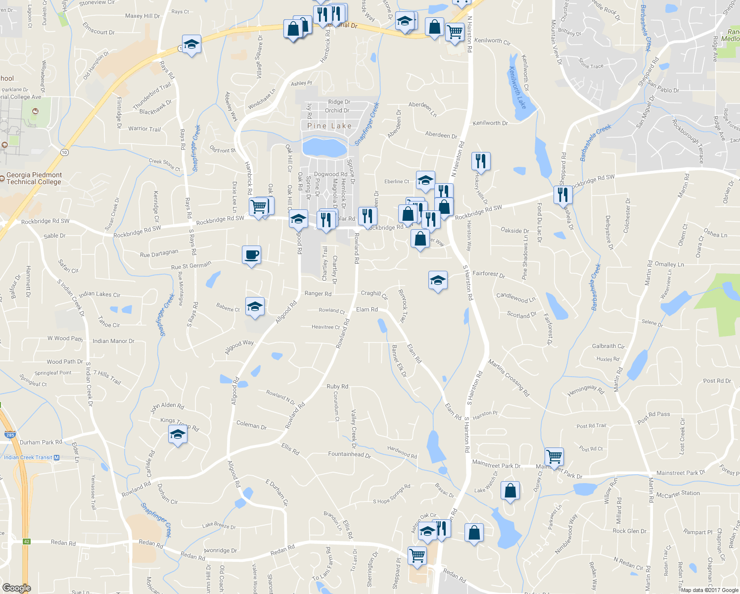 map of restaurants, bars, coffee shops, grocery stores, and more near 4573 Craghill Circle in Stone Mountain