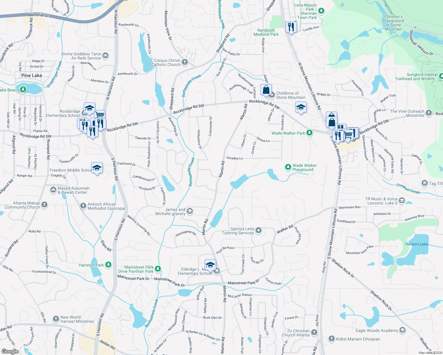 map of restaurants, bars, coffee shops, grocery stores, and more near 582 Martin Road in Stone Mountain