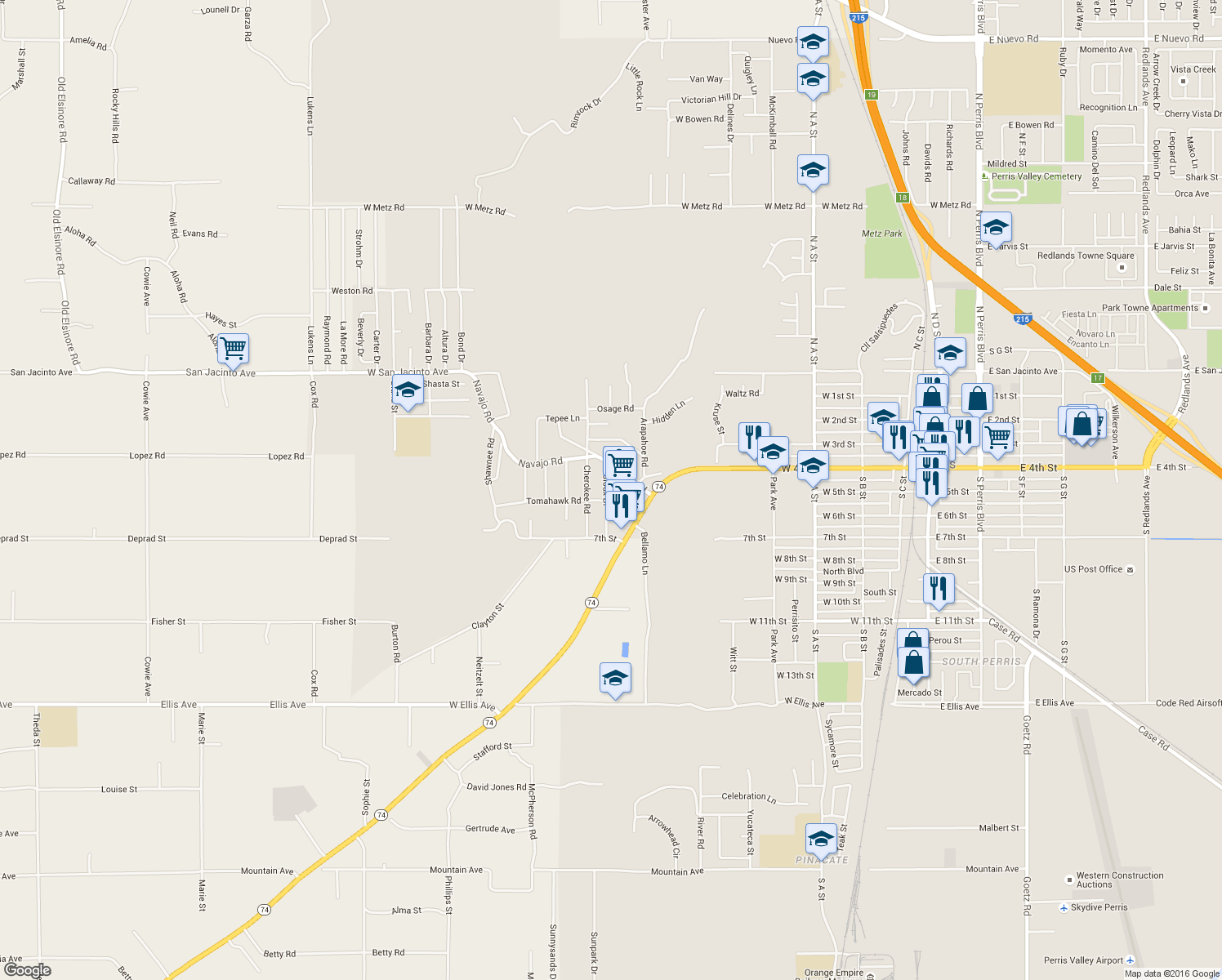 map of restaurants, bars, coffee shops, grocery stores, and more near 545 Sioux Drive in Perris