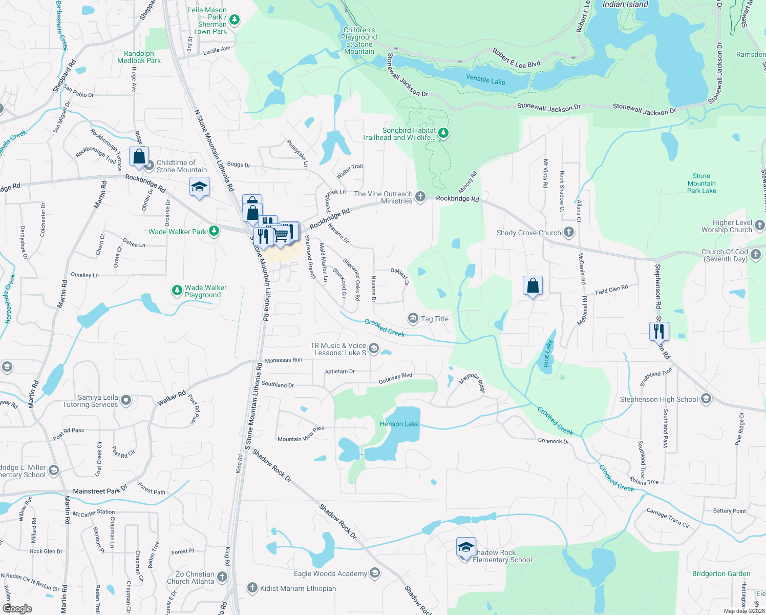 map of restaurants, bars, coffee shops, grocery stores, and more near 5801 Oakleaf Way in Stone Mountain