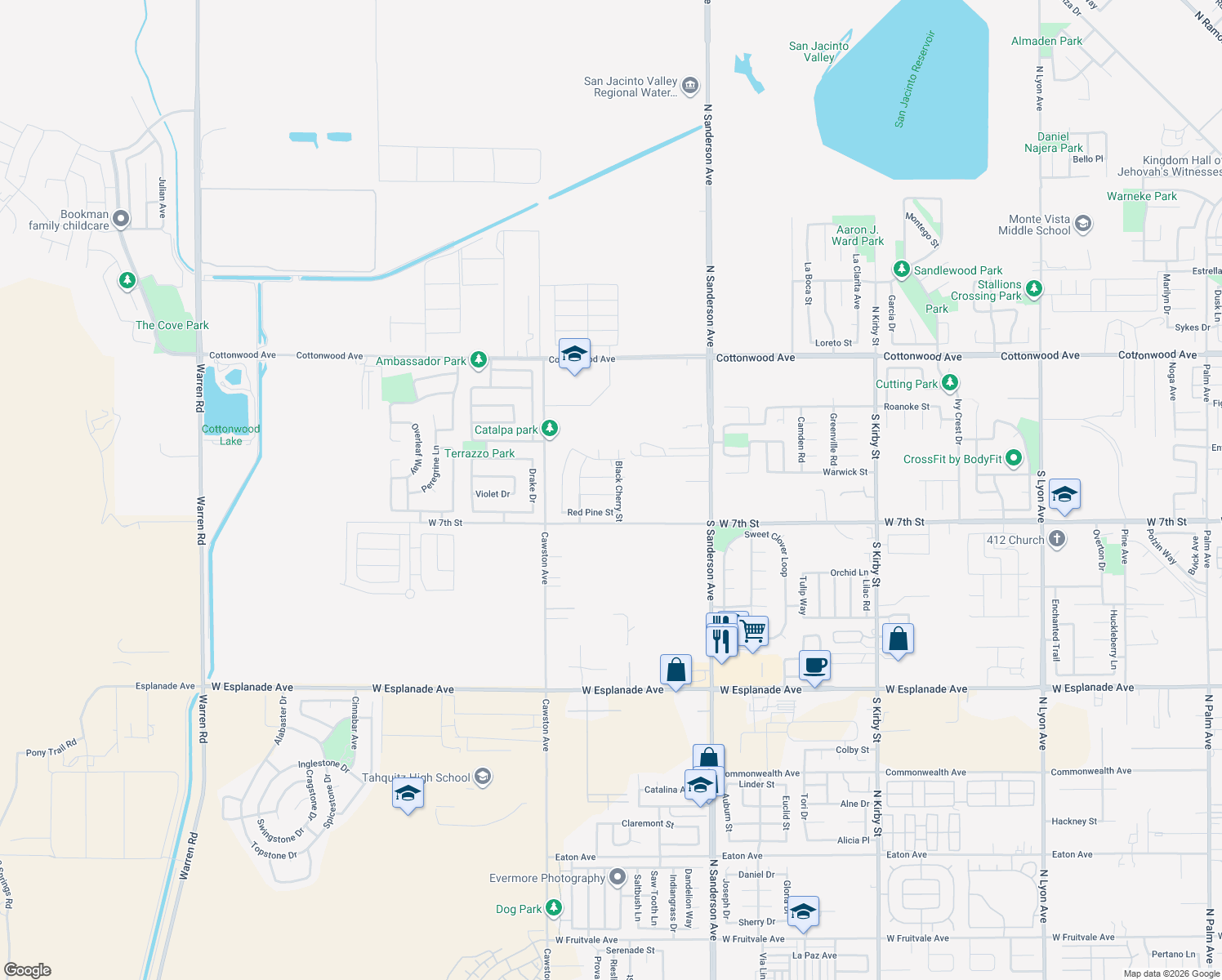 map of restaurants, bars, coffee shops, grocery stores, and more near 2513 Yellow Birch Lane in San Jacinto