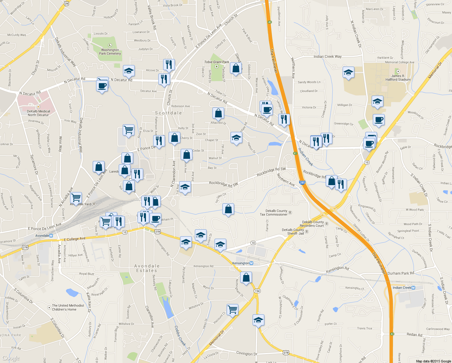 map of restaurants, bars, coffee shops, grocery stores, and more near 213 Cobblestone Trail in Avondale Estates
