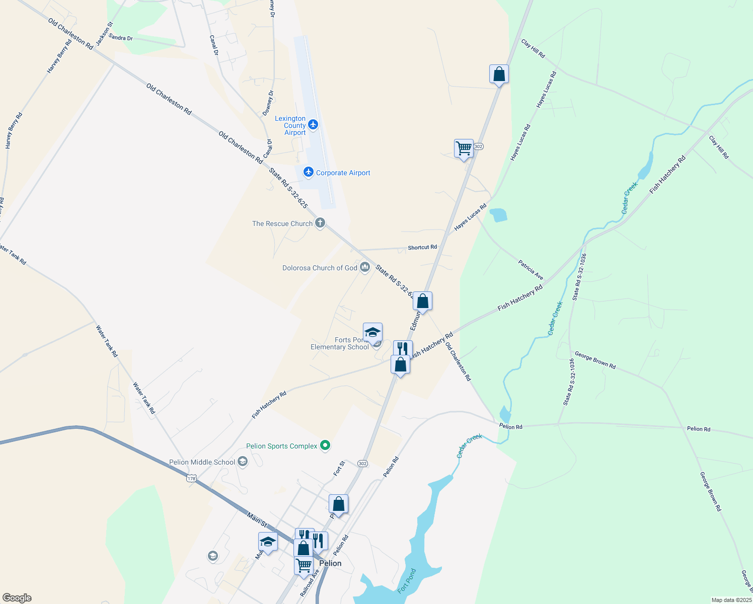 map of restaurants, bars, coffee shops, grocery stores, and more near 349 Old Charleston Road in Pelion