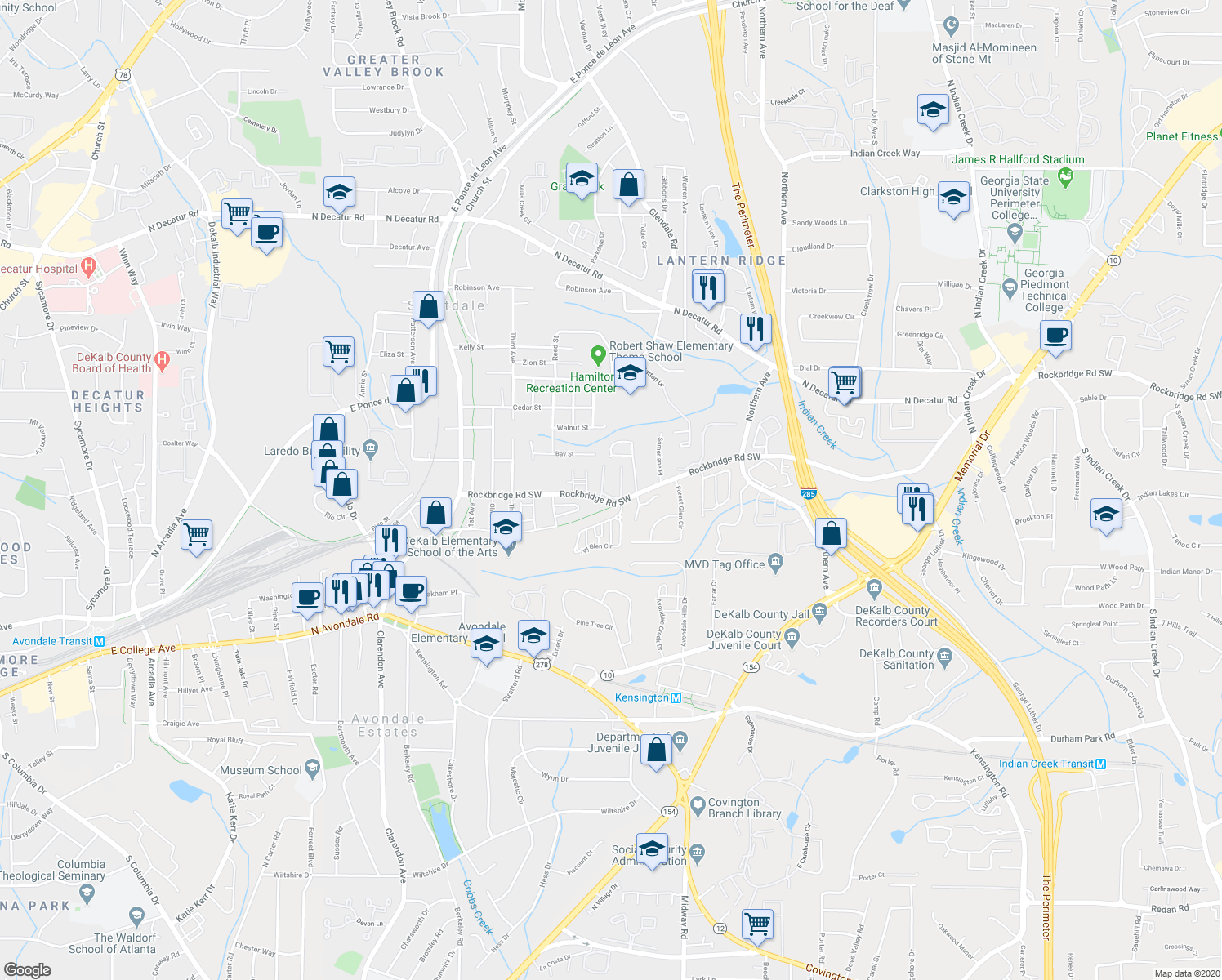 map of restaurants, bars, coffee shops, grocery stores, and more near 219 Cobblestone Trail in Avondale Estates