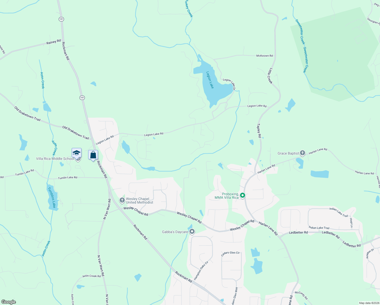map of restaurants, bars, coffee shops, grocery stores, and more near 177 Hunters Lake Dr in Villa Rica