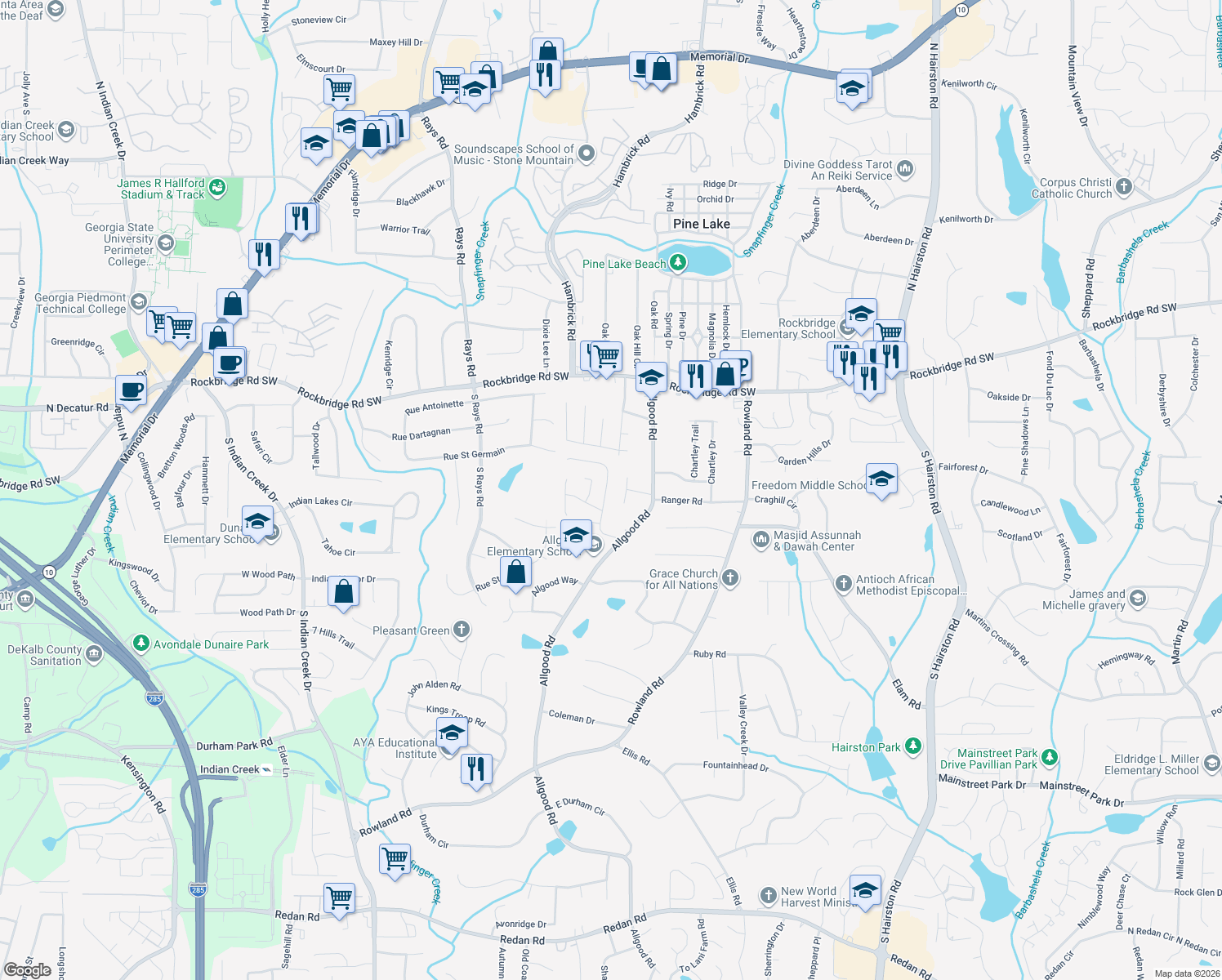 map of restaurants, bars, coffee shops, grocery stores, and more near 586 Woodcrest Manor Dr in Stone Mountain