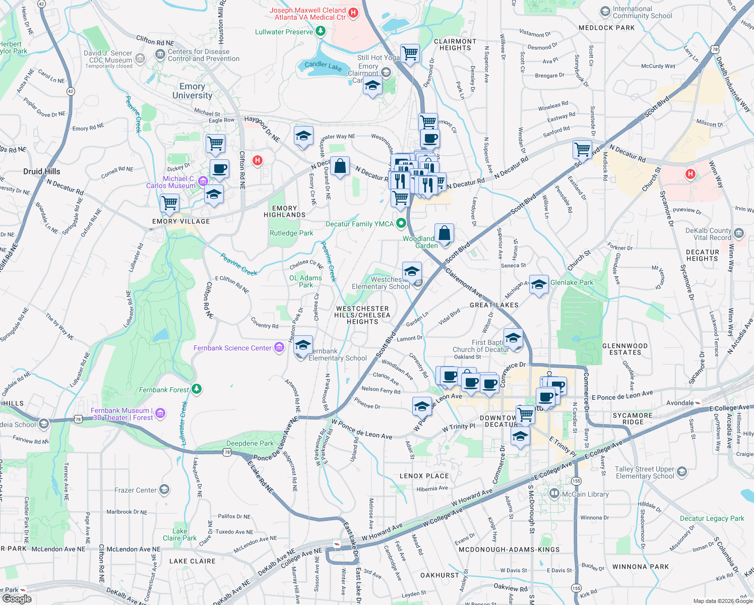 map of restaurants, bars, coffee shops, grocery stores, and more near 152 Ridley Cir in Decatur
