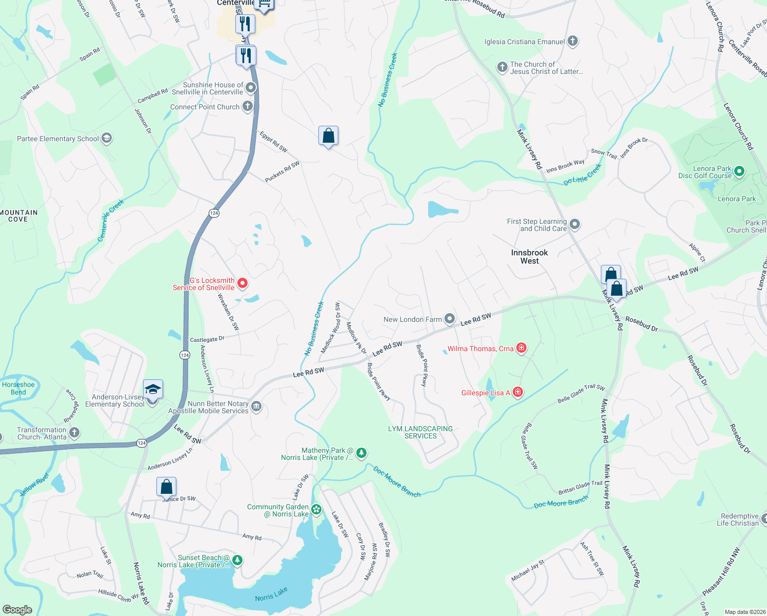 map of restaurants, bars, coffee shops, grocery stores, and more near 3845 Yosemite Park Ln in Snellville