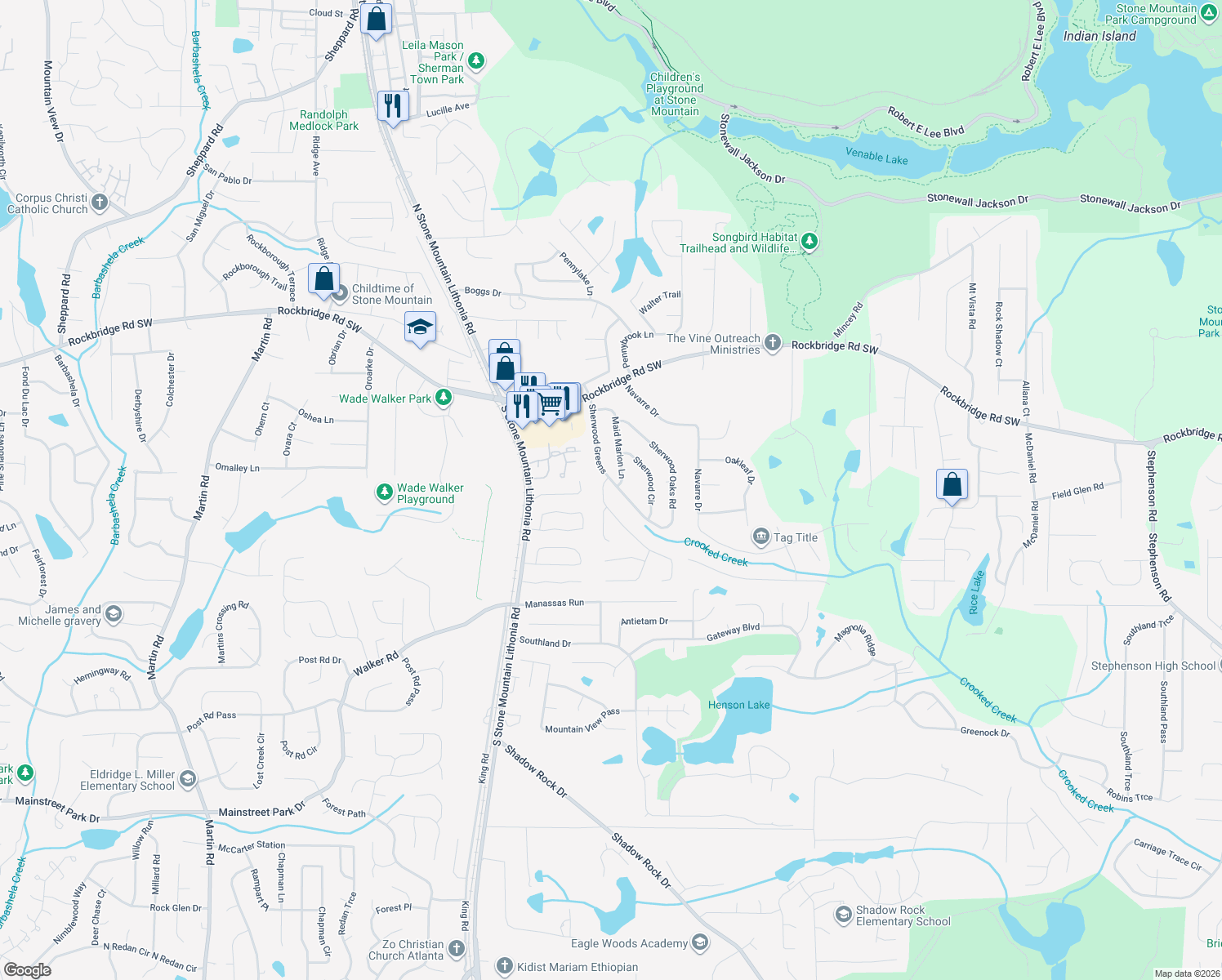 map of restaurants, bars, coffee shops, grocery stores, and more near 511 Sherwood Greens in Stone Mountain