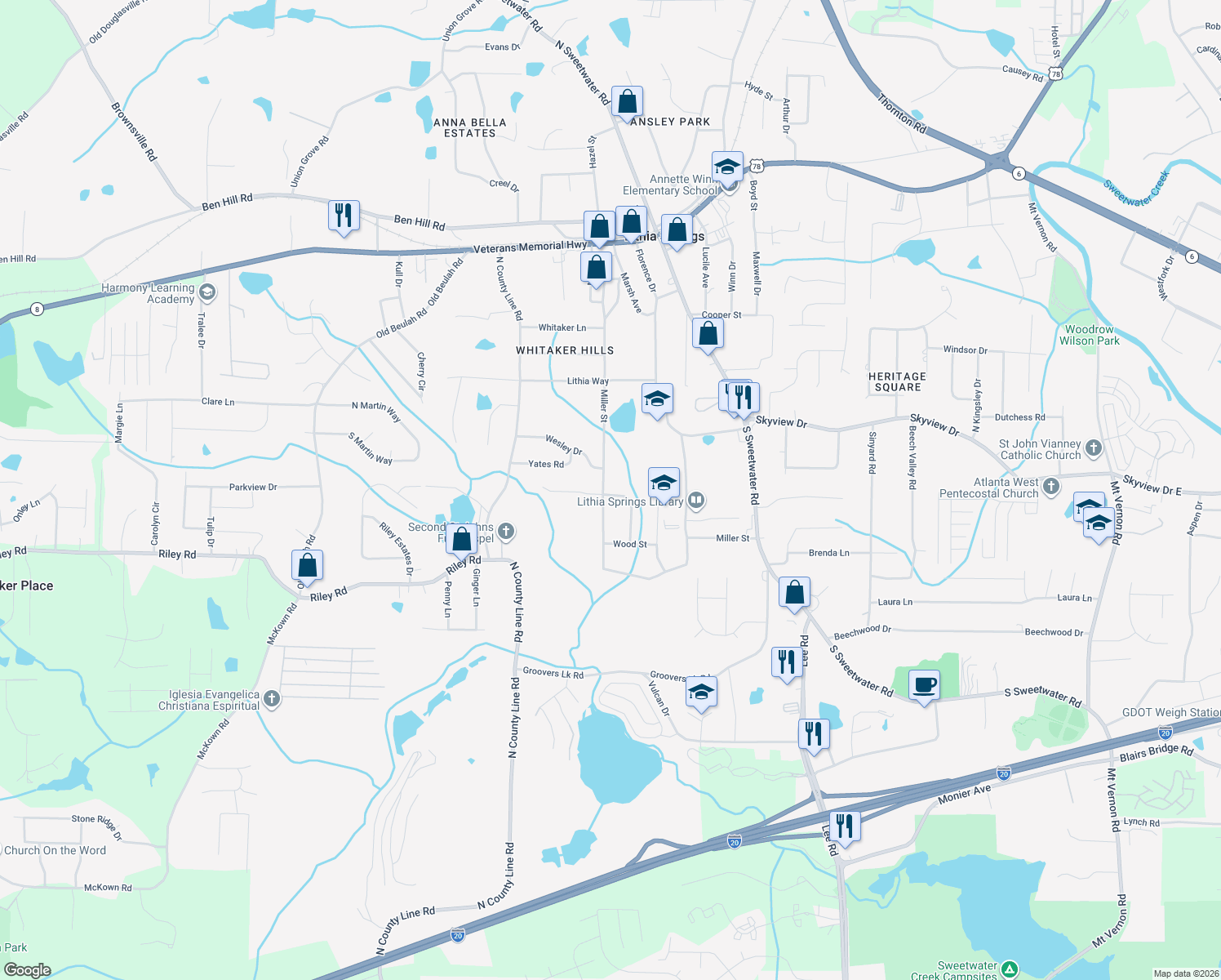 map of restaurants, bars, coffee shops, grocery stores, and more near 7074 Miller St in Lithia Springs
