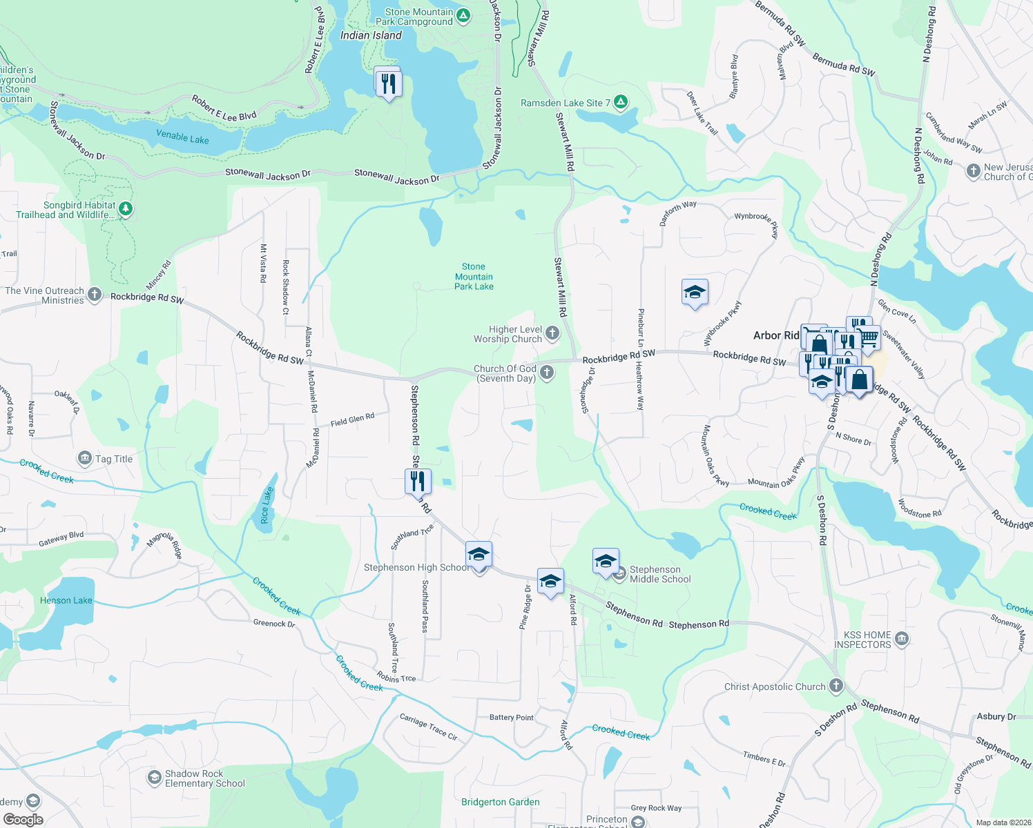 map of restaurants, bars, coffee shops, grocery stores, and more near 6515 Walden Pond Rd in Stone Mountain