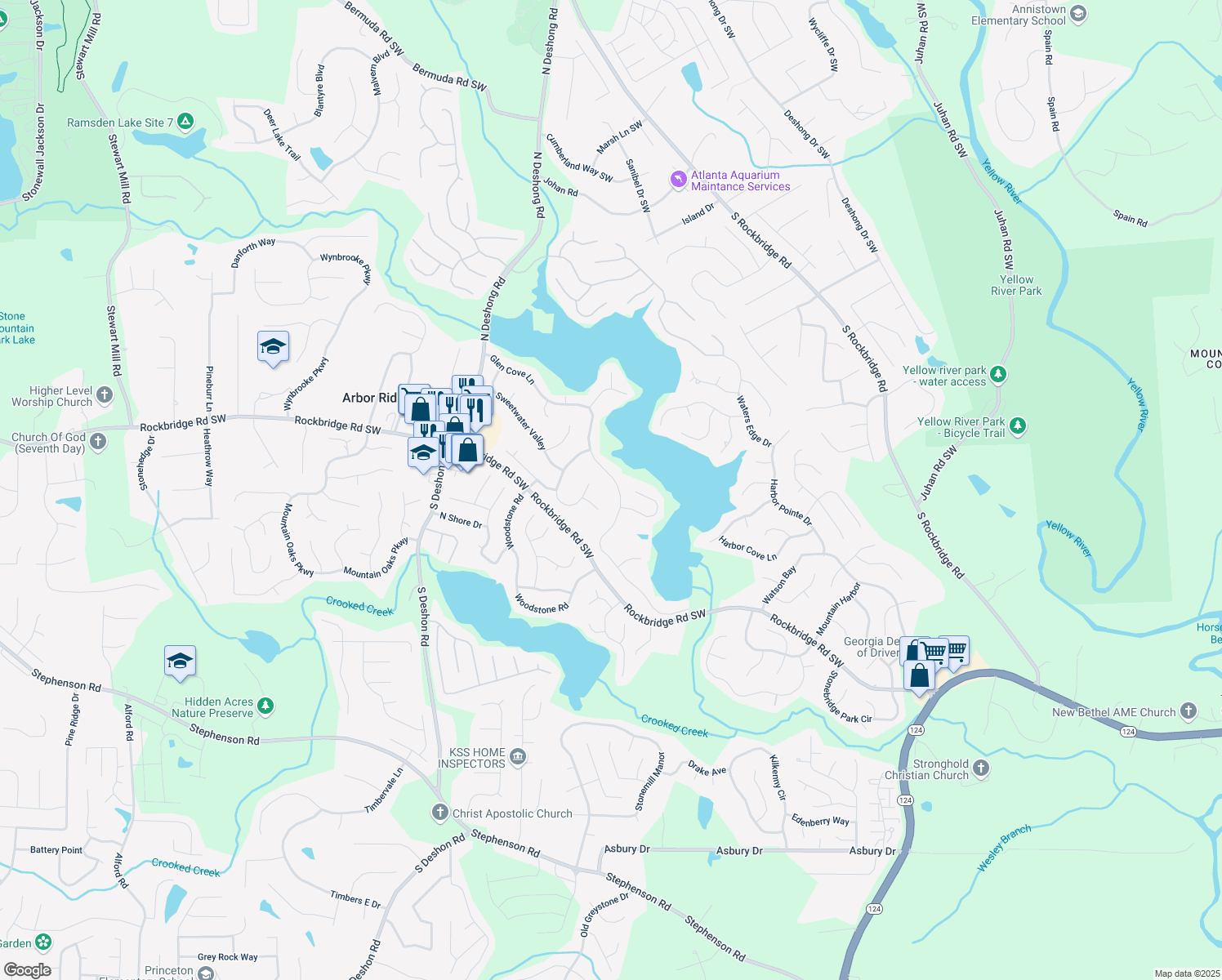 map of restaurants, bars, coffee shops, grocery stores, and more near 7071 Glen Cove Ln in Stone Mountain