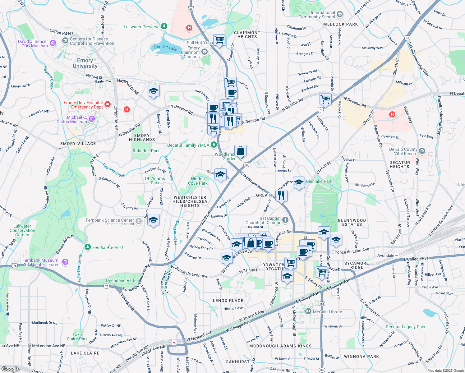 map of restaurants, bars, coffee shops, grocery stores, and more near 6 Westchester Square in Decatur