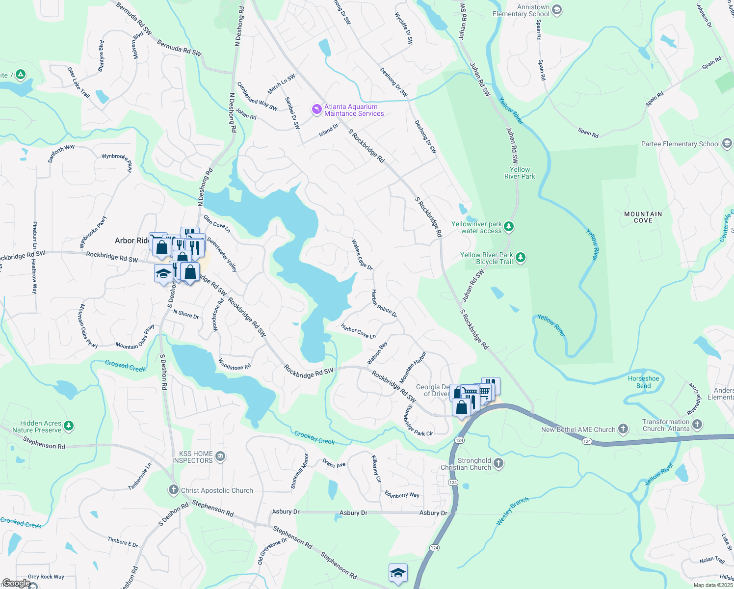 map of restaurants, bars, coffee shops, grocery stores, and more near 7411 Bayside Trail in Stone Mountain