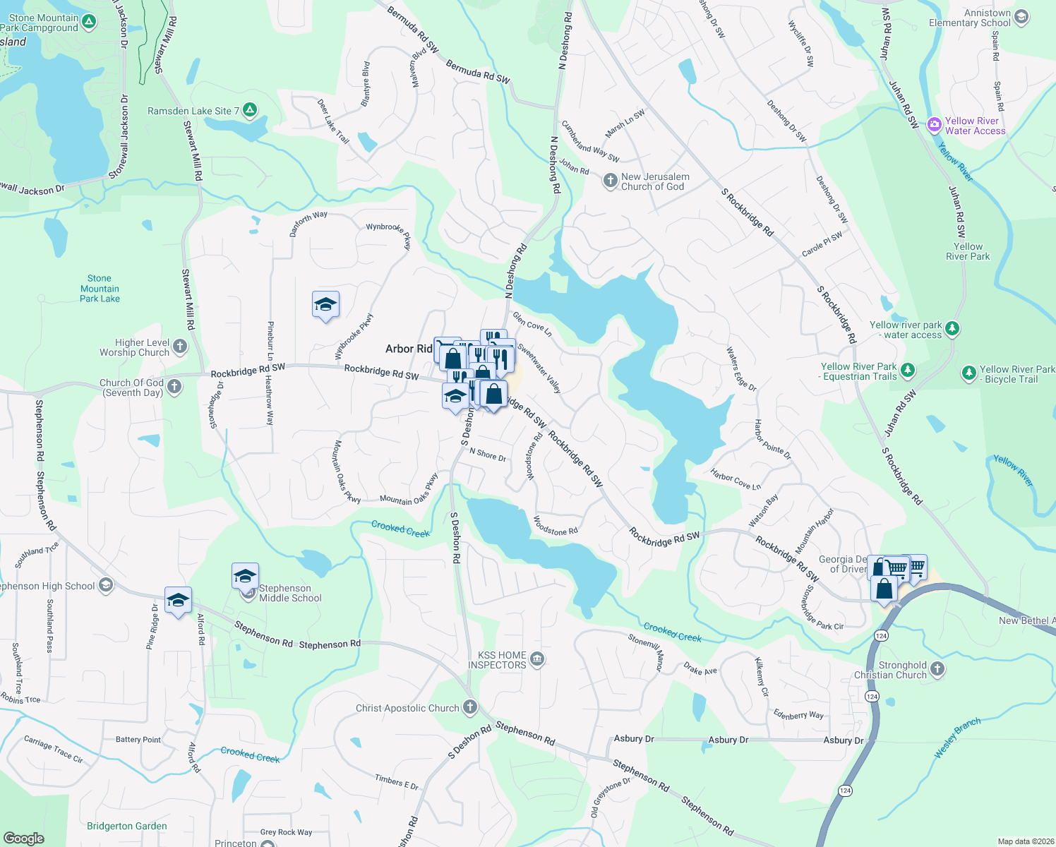 map of restaurants, bars, coffee shops, grocery stores, and more near 502 N Shore Rd in Lithonia