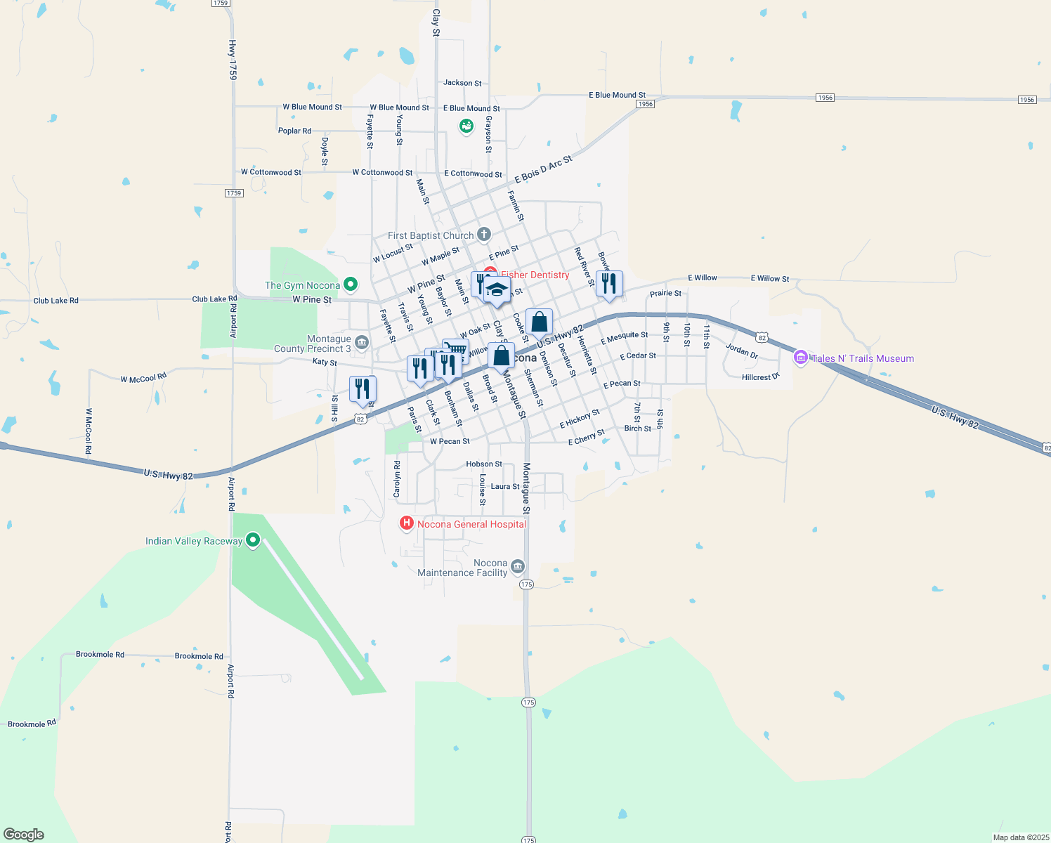 map of restaurants, bars, coffee shops, grocery stores, and more near 409 Montague Street in Nocona