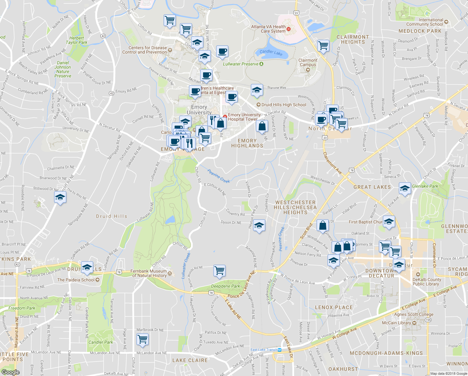 map of restaurants, bars, coffee shops, grocery stores, and more near 1714 Vickers Cir in Decatur