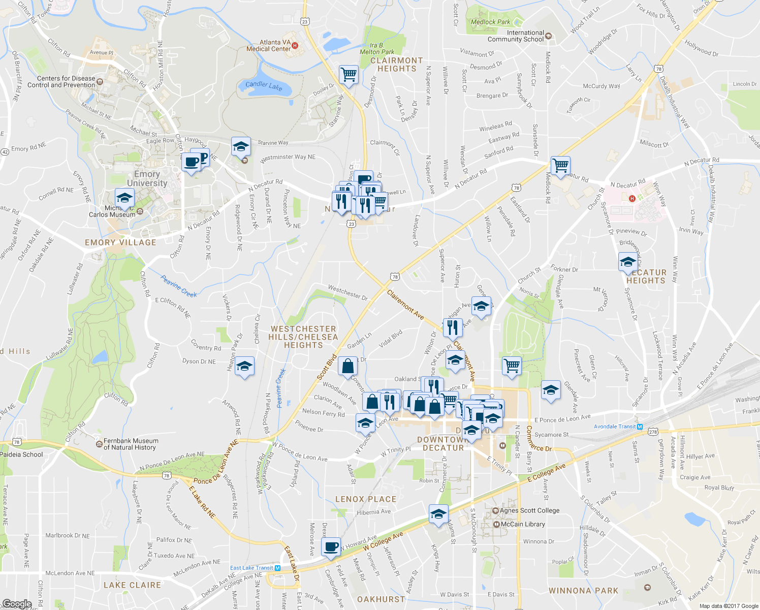 map of restaurants, bars, coffee shops, grocery stores, and more near 107 Ridley Howard Court in Decatur