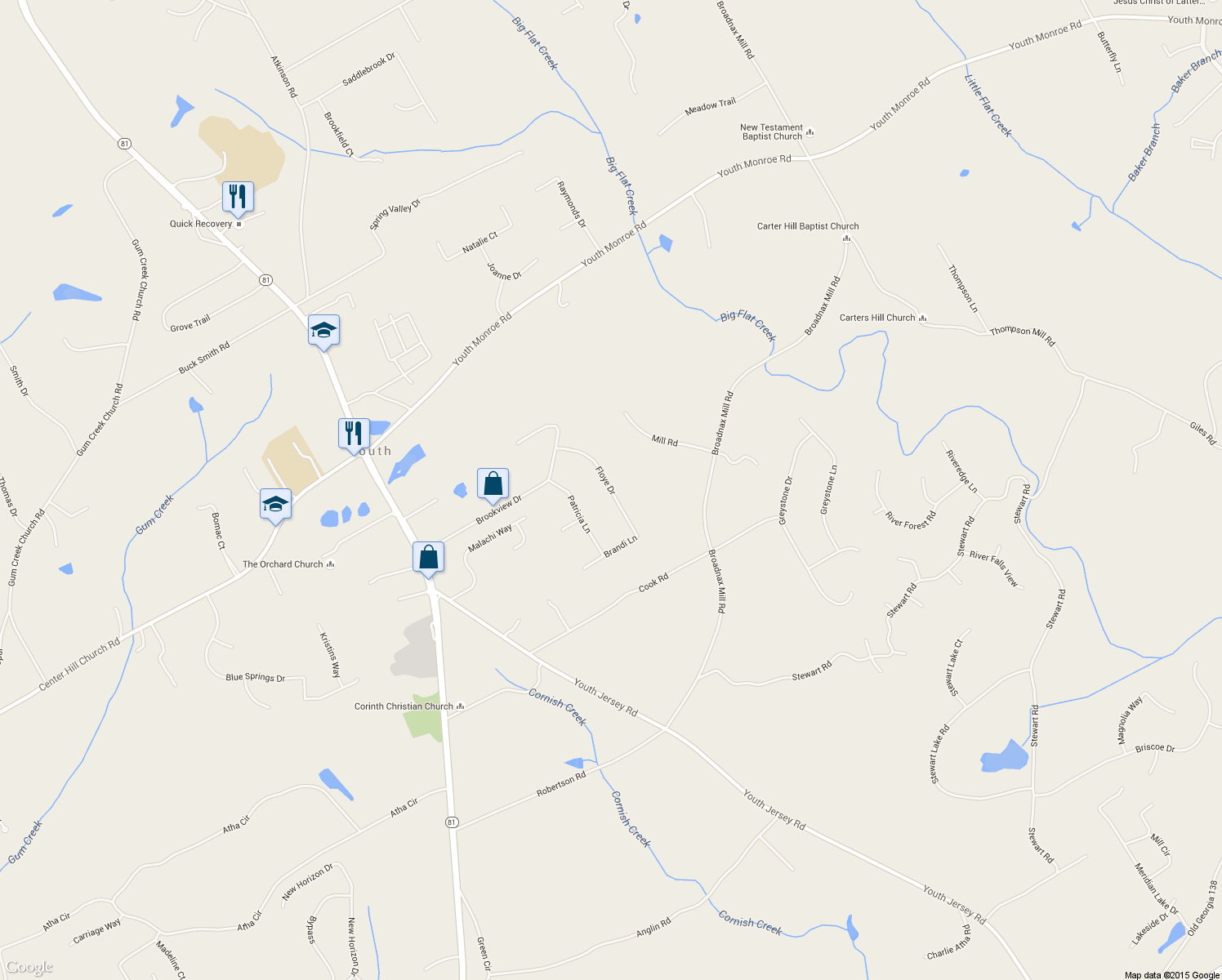 map of restaurants, bars, coffee shops, grocery stores, and more near 1808 Floye Drive in Loganville