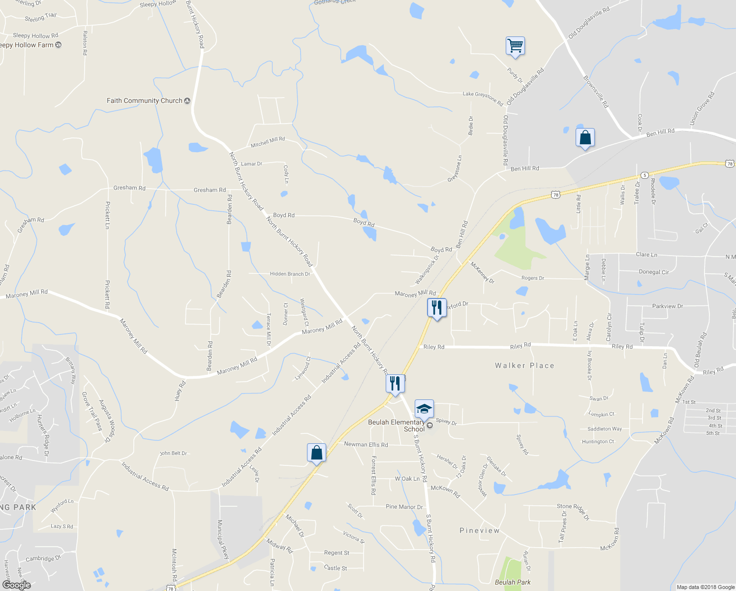 map of restaurants, bars, coffee shops, grocery stores, and more near 4170 Maroney Mill Road in Douglasville