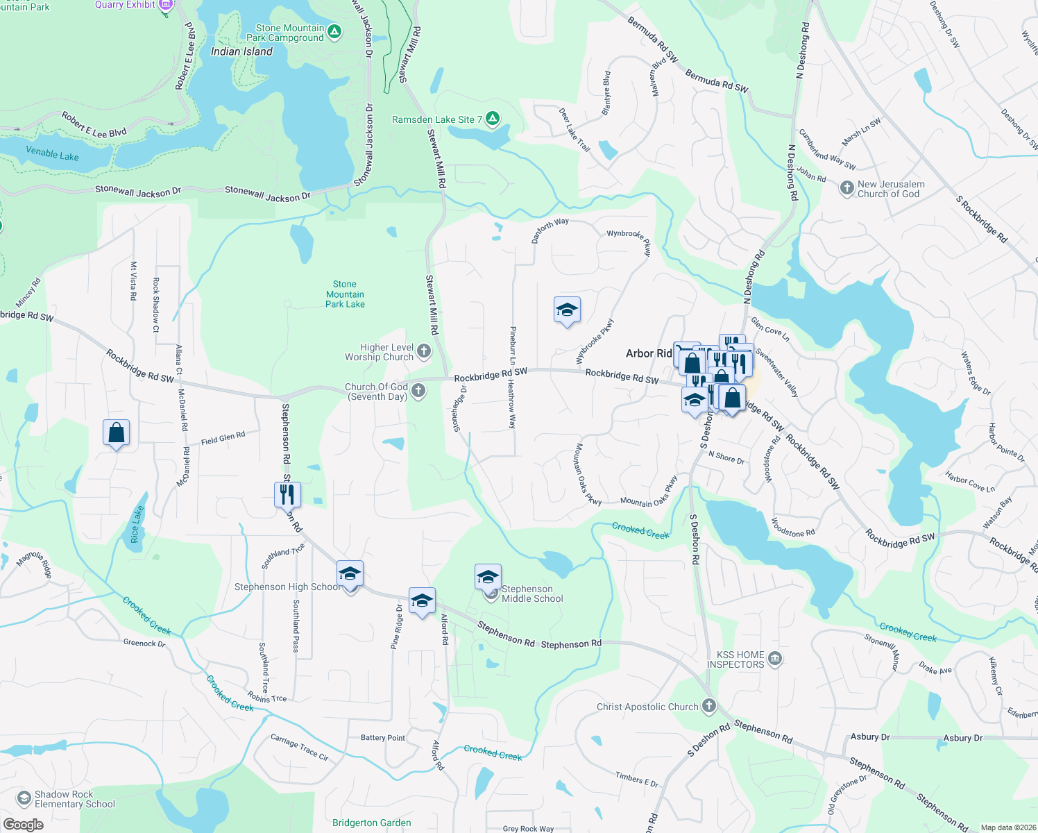 map of restaurants, bars, coffee shops, grocery stores, and more near 494 Heathrow Way in Stone Mountain