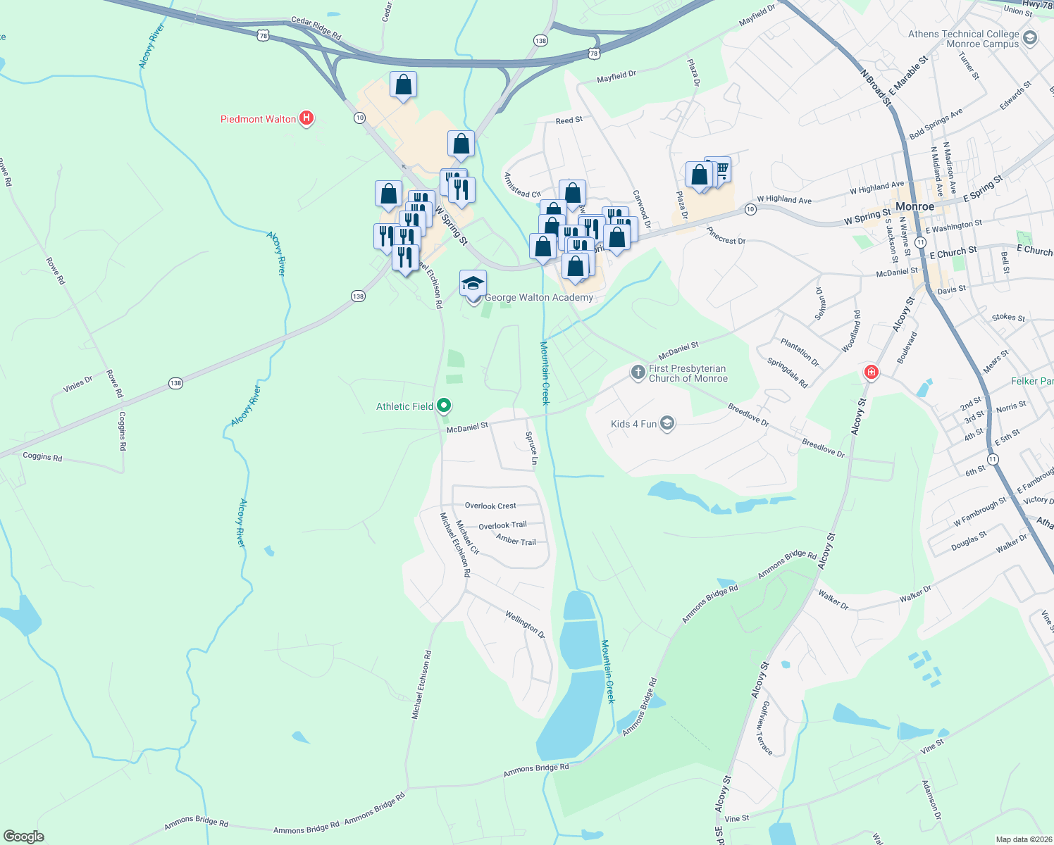 map of restaurants, bars, coffee shops, grocery stores, and more near 423 Spruce Ln in Monroe