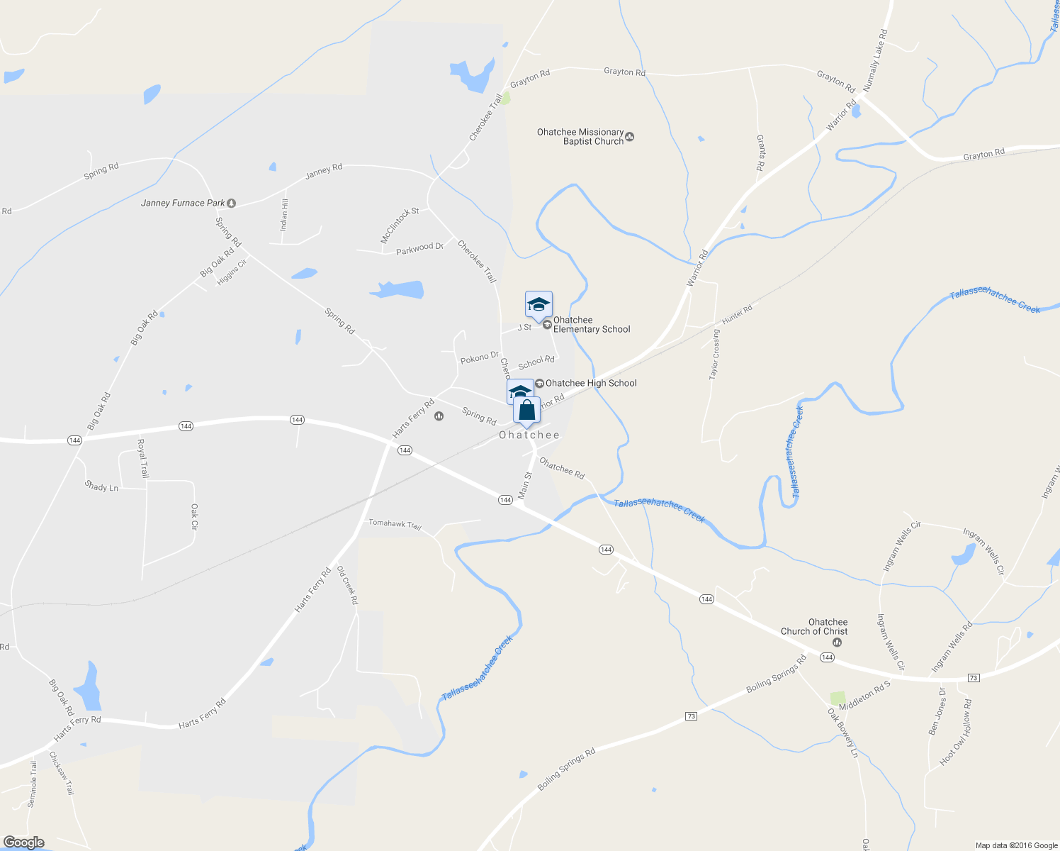 map of restaurants, bars, coffee shops, grocery stores, and more near 300 Main St in Ohatchee