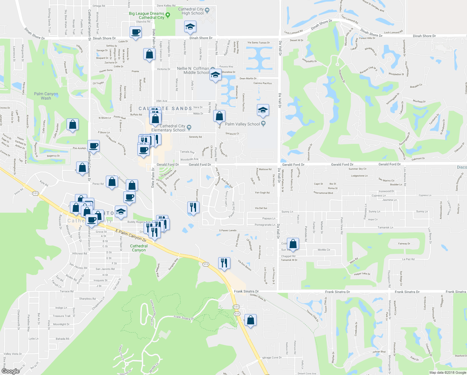 map of restaurants, bars, coffee shops, grocery stores, and more near 36561 Paseo Del Sol in Cathedral City