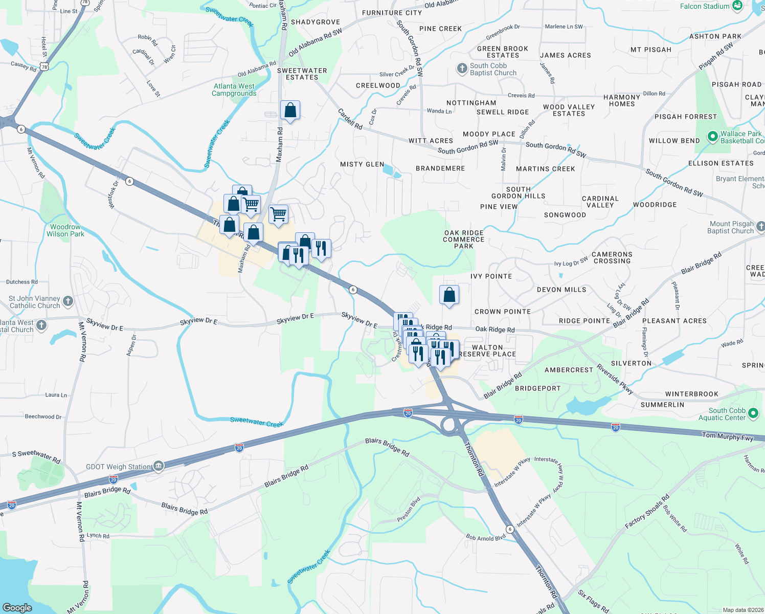 map of restaurants, bars, coffee shops, grocery stores, and more near 1280 Thornton Road in Lithia Springs